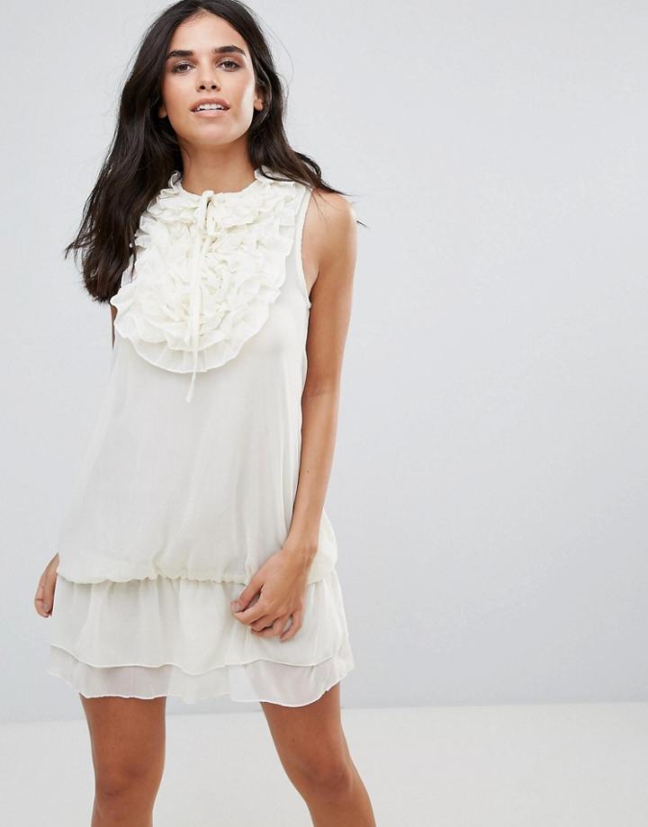 Pussycat London Ruffle Front Shift Dress - Cream