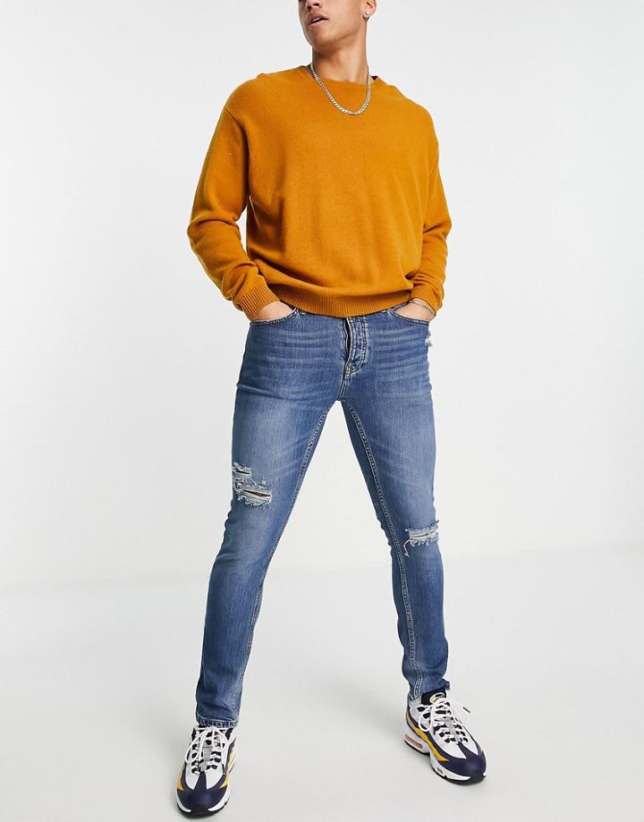 Topman Rip Stretch Skinny Jeans In Mid Wash-blue