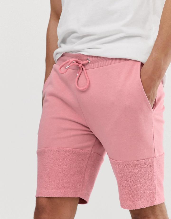 Asos Design Jersey Skinny Shorts With Reverse Panel In Pink - Pink
