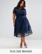 Chi Chi London Plus Premium Lace Dress With Cutwork Detail And Cap Sleeve - Navy