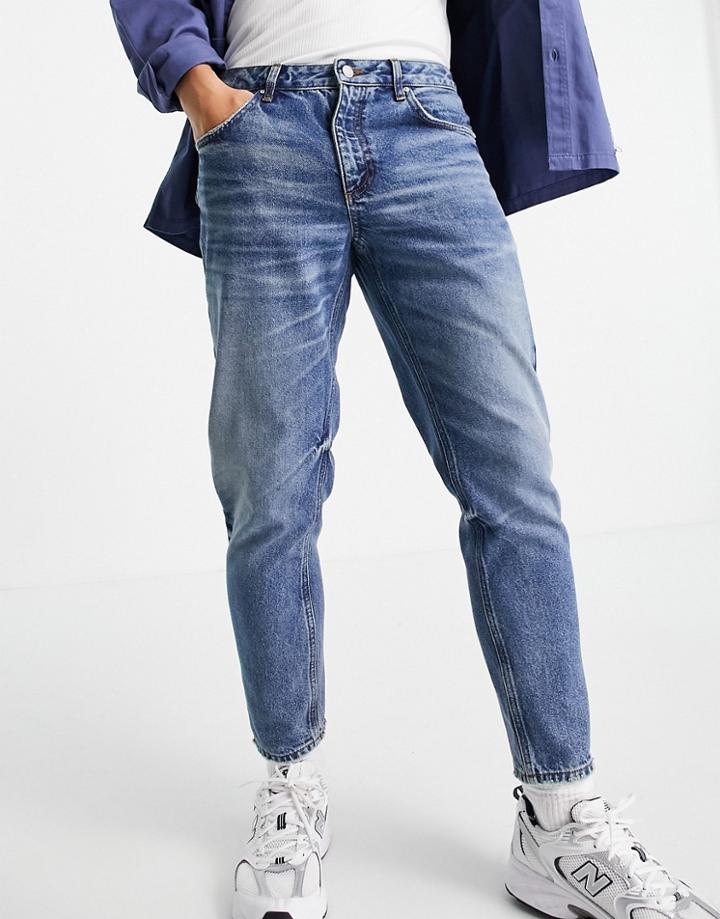 Asos Design Classic Rigid Jeans In Dark Wash Blue With Destroyed Hem - Mblue - Mblue-blues