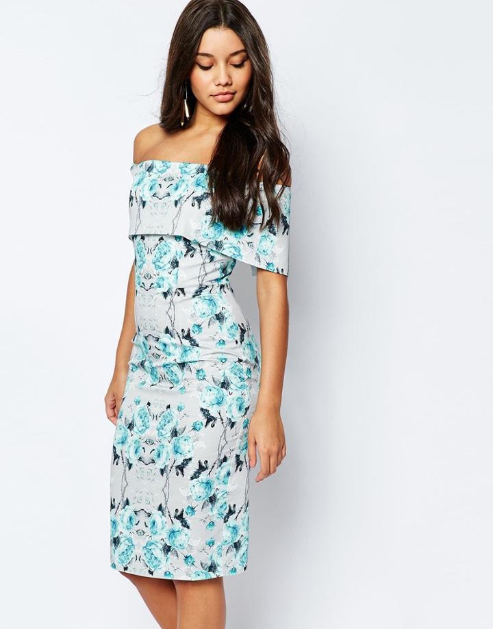 Asos Off The Shoulder Bardot Midi Pencil Dress In Gray And Blue Floral - Multi