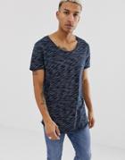 Asos Design Super Longline T-shirt With Curved Hem And Deep Scoop Neck In Navy Interest Fabric