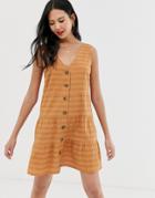 Asos Design Sleeveless Button Through Tiered Smock Mini Dress-brown