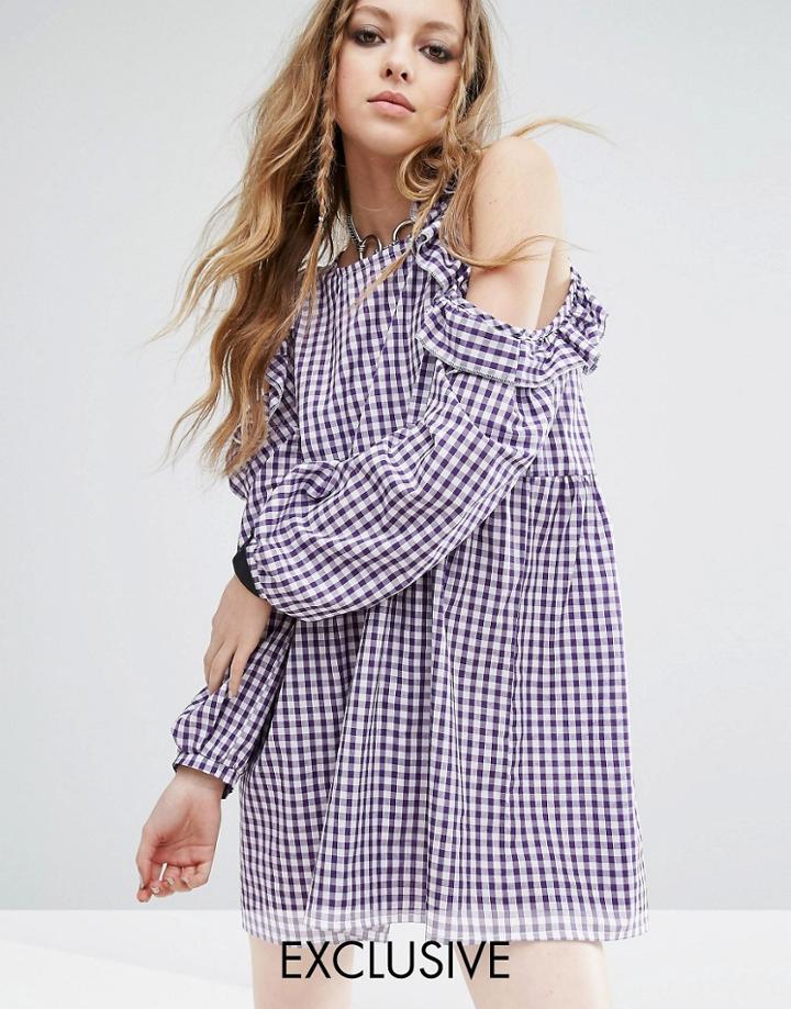 Milk It Vintage Cold Shoulder Dress In Gingham - Purple