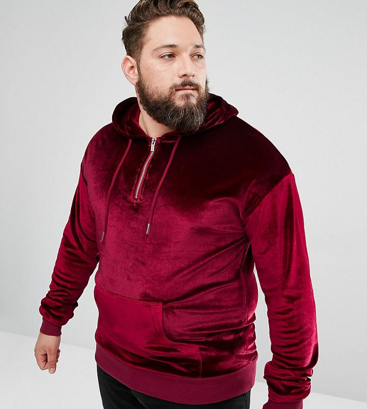 Sixth June Plus Oversized Hoodie In Burgundy Velour - Red