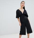 Asos Design Petite Tea Jumpsuit With Kimono Sleeve And Button Detail - Black