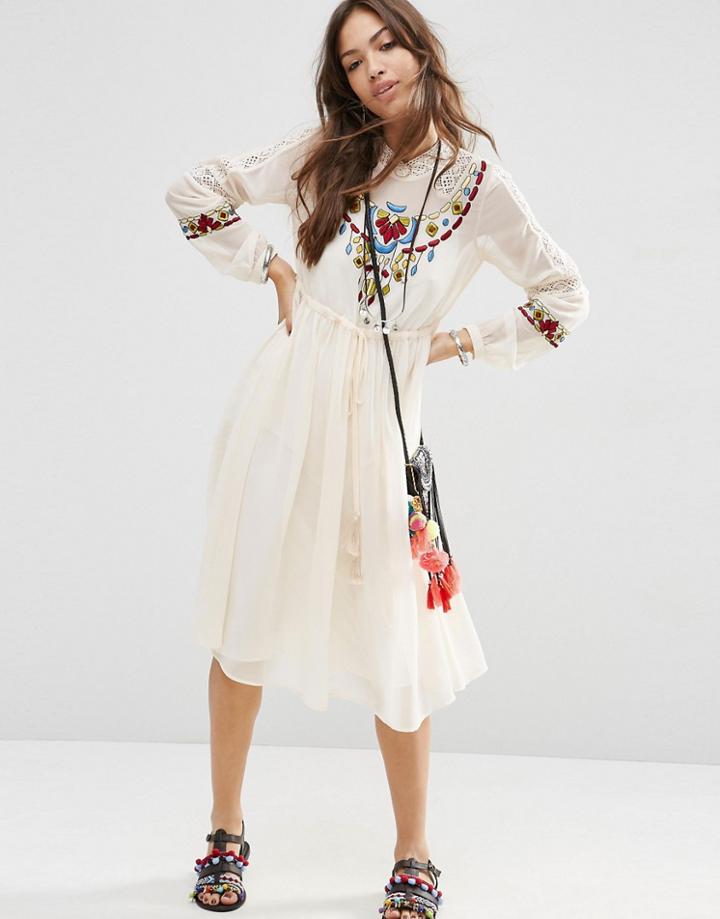 Asos Premium Geo-tribal Embroidered Dress - Cream