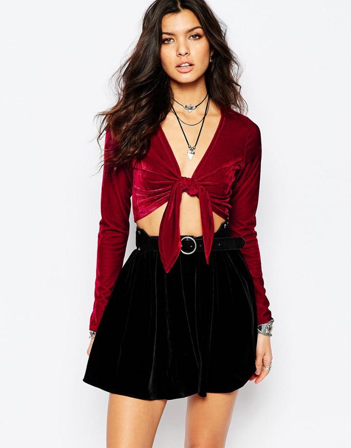 Reclaimed Vintage Tie Front Top In Velvet - Red Velvet