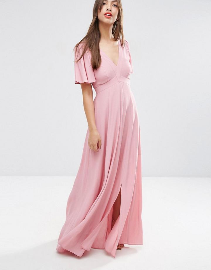 Asos Pretty Maxi Dress With Ruffle Sleeve - Nude