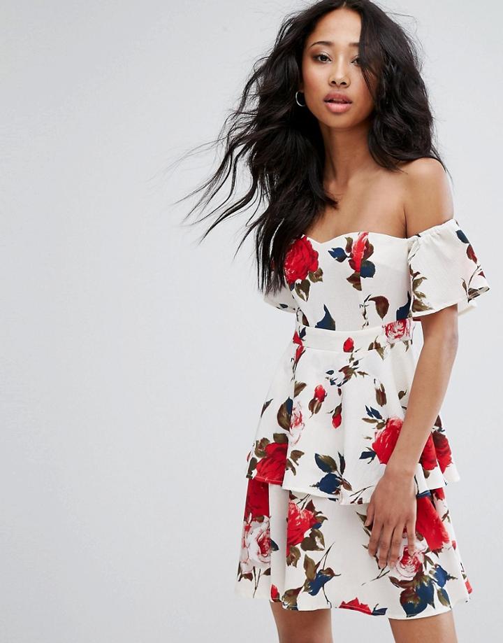 Prettylittlething Floral Bardot Ruffle Dress - White