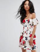 Prettylittlething Floral Bardot Ruffle Dress - White