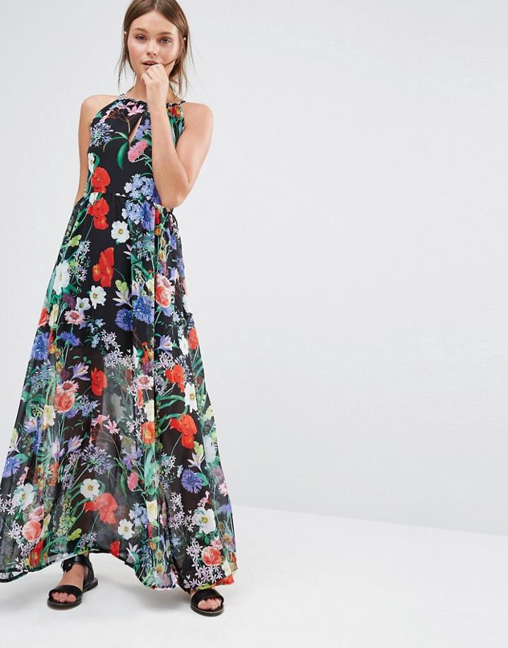 Qed London Tropical Floral Print Maxi Dress - Black