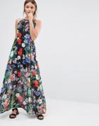 Qed London Tropical Floral Print Maxi Dress - Black