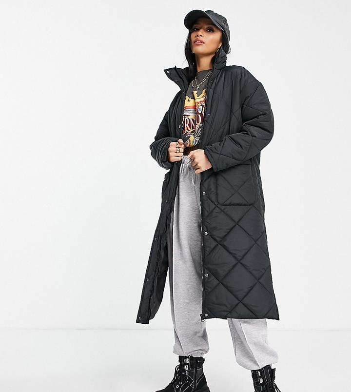 Violet Romance Petite Longline Diamond Quilt Puffer Coat With Funnel Neck In Black