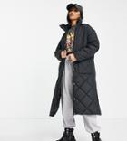 Violet Romance Petite Longline Diamond Quilt Puffer Coat With Funnel Neck In Black