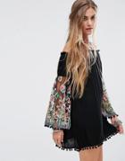 Kiss The Sky Off Shoulder Swing Dress With Embroidered Floral Sleeves - Black