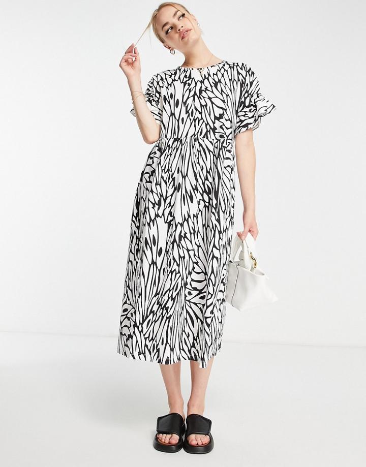 River Island Frill Smock Midi Dress In Black And White Print