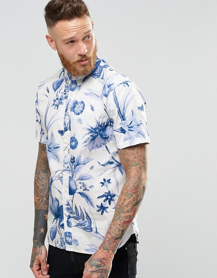 Penfield Shirt With Floral Print Short Sleeves In Classic Regular Fit In Blue - Blue
