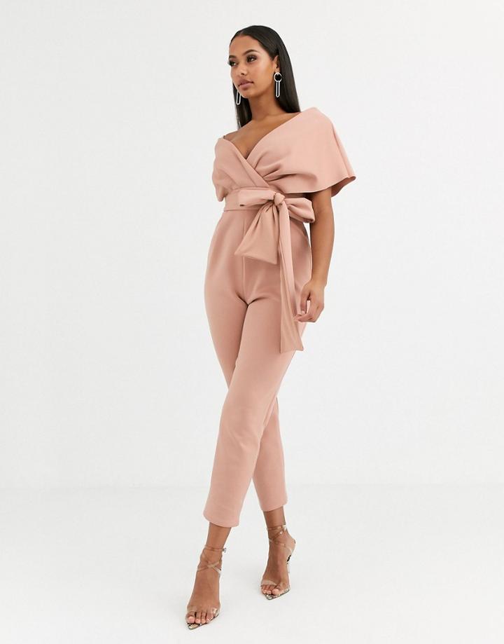 Asos Design Fallen Shoulder Scuba Jumpsuit-beige