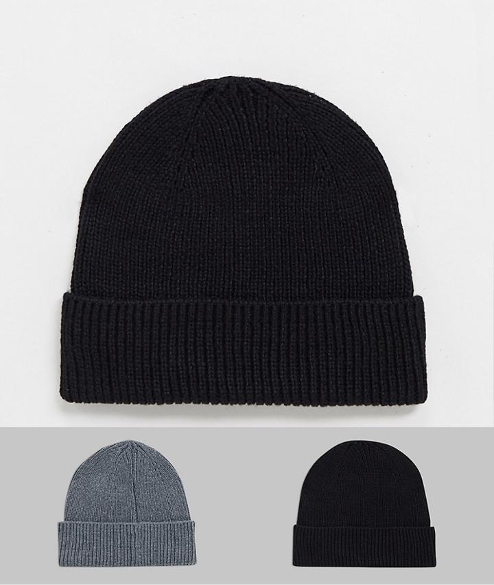 Asos Design 2 Pack Fisherman Beanie In Grey And Black Save-multi