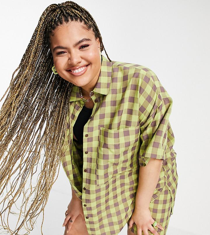 Asos Design Curve Oversized Shirt In Lime Choc Check - Part Of A Set-multi