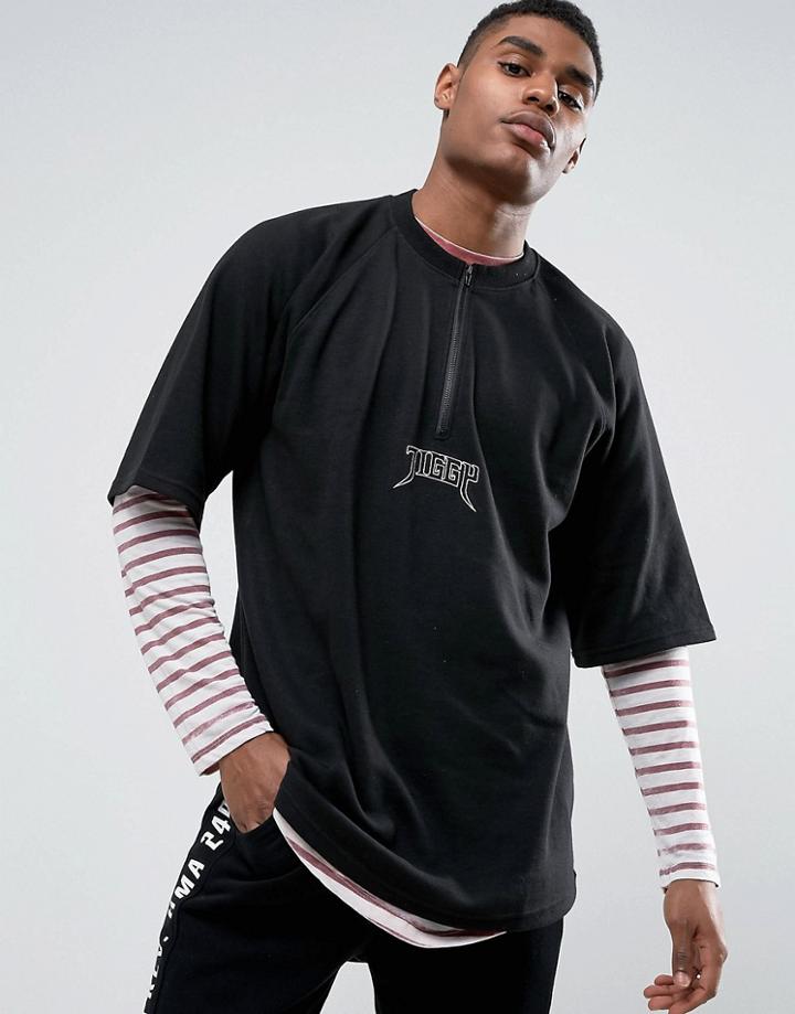 Visionair Oversized T-shirt In Black With Half Zip - Black