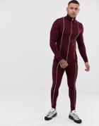 Asos Design Tracksuit Muscle Track Jacket/super Skinny Sweatpants With Piping In Burgundy - Red