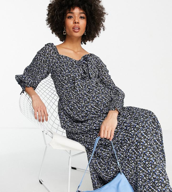 Violet Romance Maternity Sweetheart Neckline Midi Dress In Ditsy Floral Print-multi