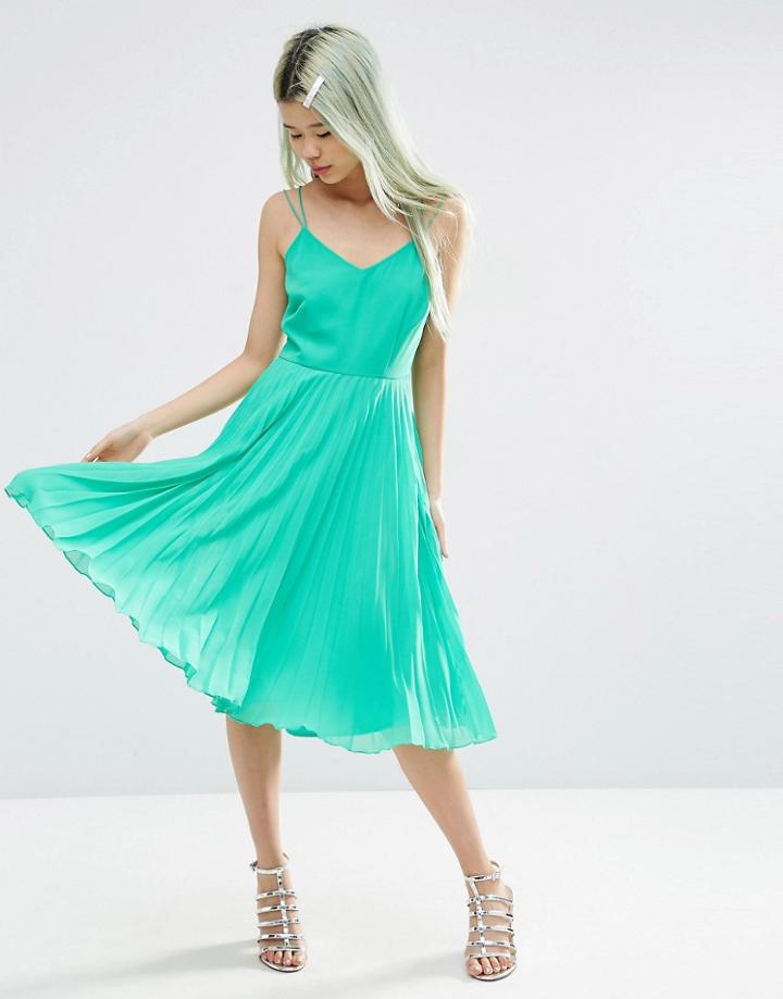 Asos Strappy Midi Dress With Pleated Skirt - Green