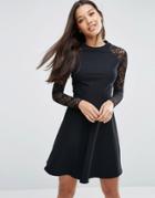 Asos Skater Dress With Lace Sleeves - Black