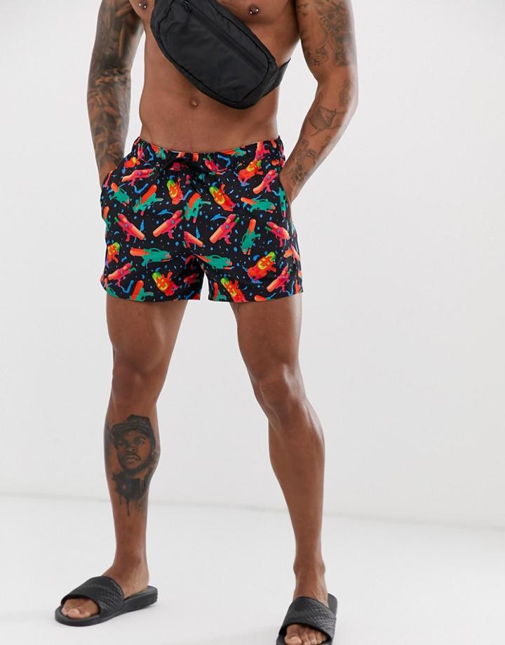 Asos Design Swim Shorts In Water Gun Print Short Length-black