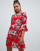 Prettylittlething Ladder Trim Frill Sleeve Dress In Red Floral - Red