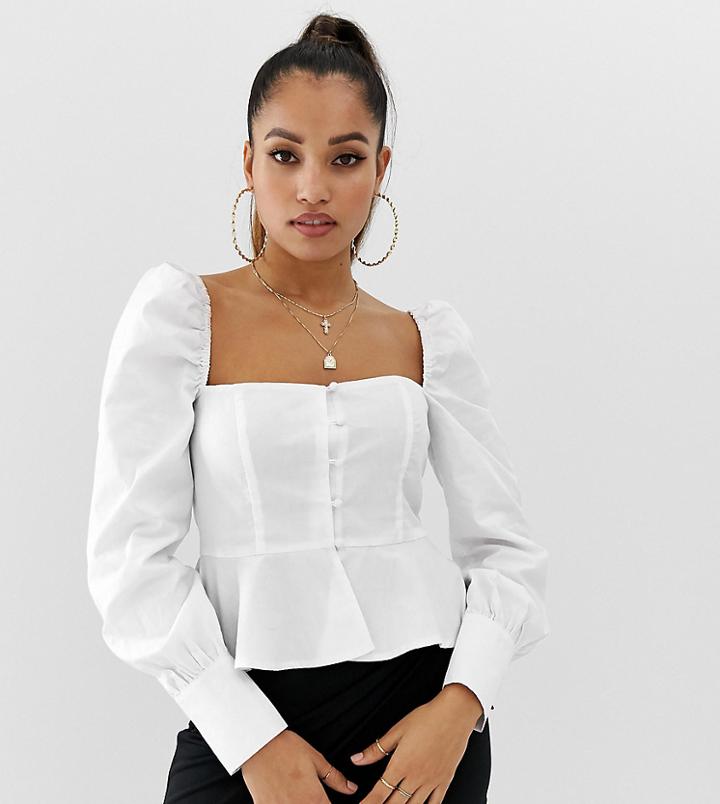 Missguided Petite Square Neck Peplum Blouse With Puff Sleeve In White - White