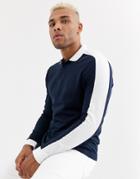 Asos Design Organic Long Sleeve Polo Shirt With Contrast Shoulder Panel In Navy