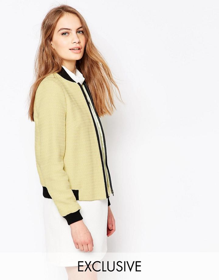 Helene Berman Yellow Metallic Tweed Bomber Jacket - Yellow