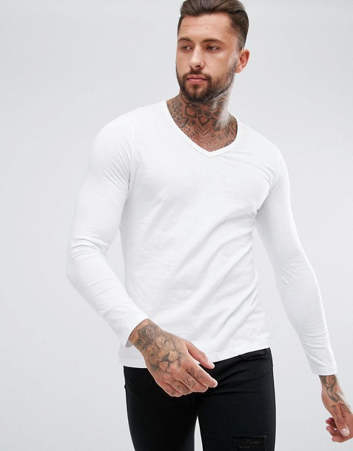 Asos Long Sleeve T-shirt With Deep V Neck - White
