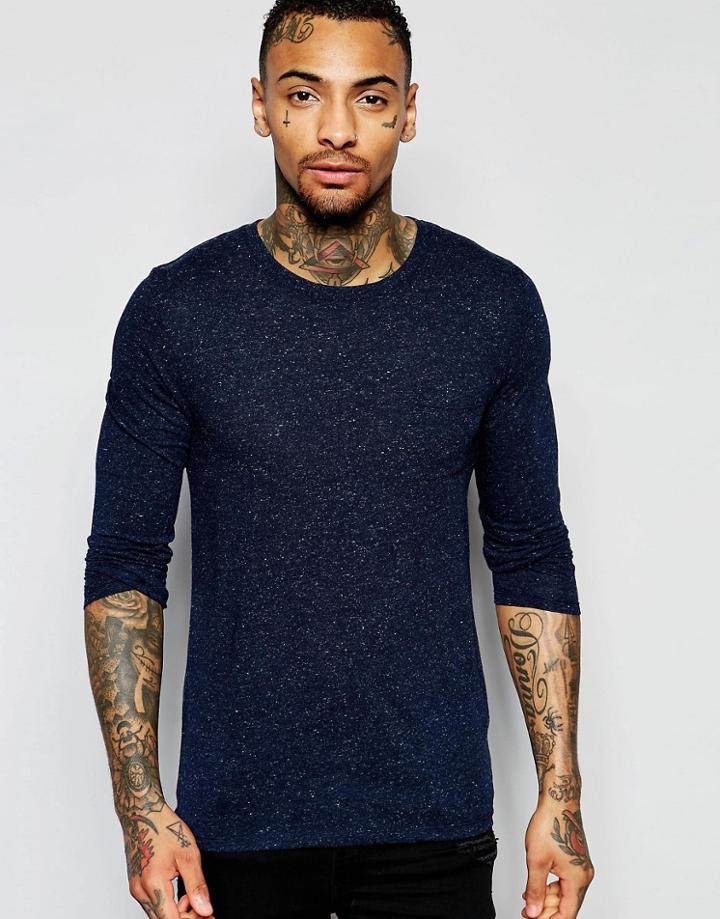 Asos Linen Mix Muscle Fit Long Sleeve T-shirt - Navy