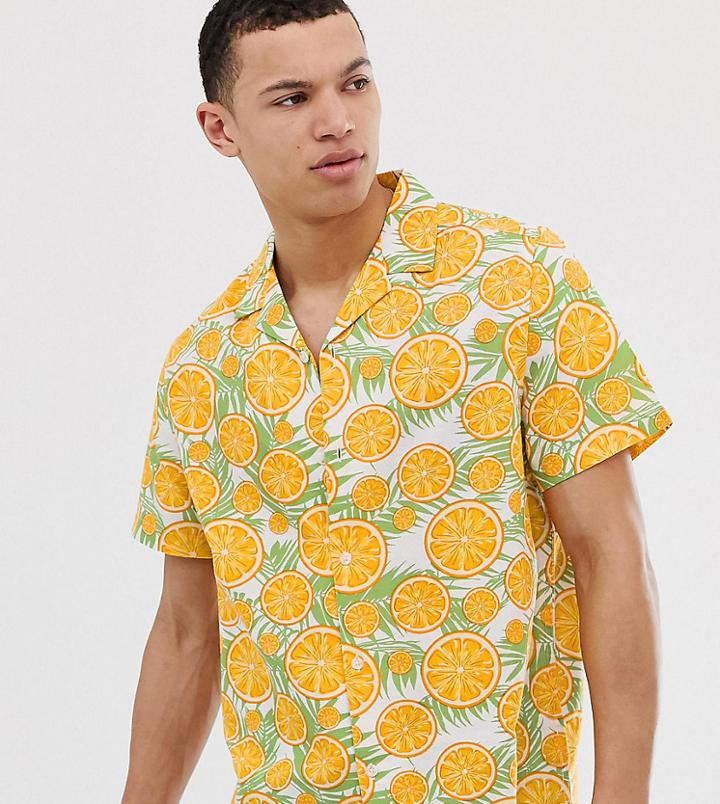 Asos Design Tall Relaxed Revere Shirt With Linen Orange Print - Orange