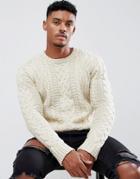 Asos Design Heavyweight Cable Knit Sweater In Oatmeal - Beige