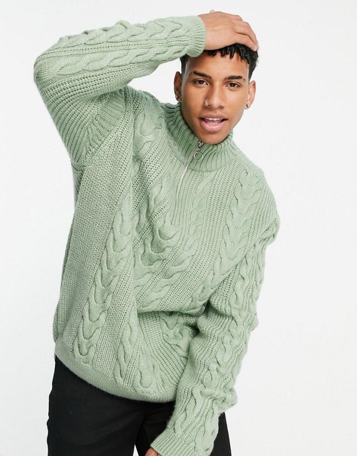 Asos Design Cable Knit Half Zip Sweater In Green