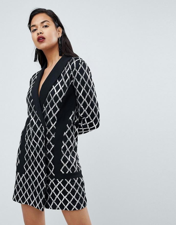 Prettylittlething Premium Black Sequin Blazer Dress - Black