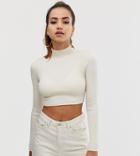 Missguided High Neck Crop Top In Sand Knitted Rib - Beige