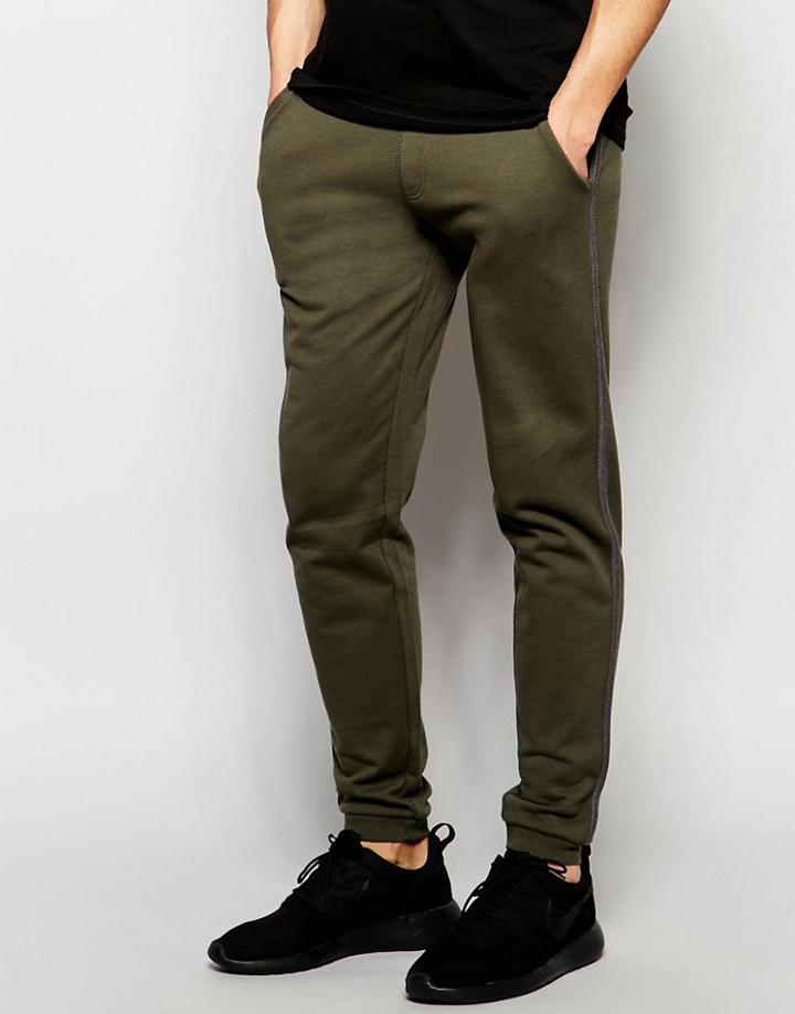Asos Skinny Joggers With Stripe In Dark Khaki - Forest Night