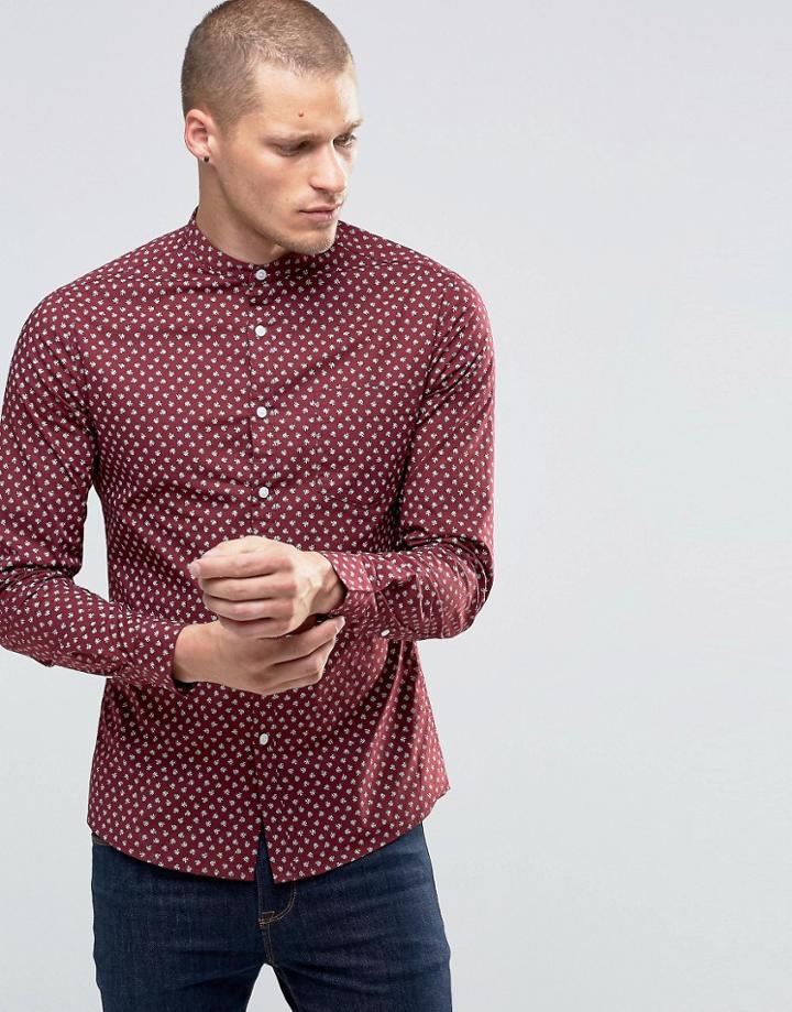 Asos Skinny Shirt With Ditsy Floral Print And Grandad Collar In Burgundy - Brown
