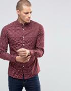 Asos Skinny Shirt With Ditsy Floral Print And Grandad Collar In Burgundy - Brown