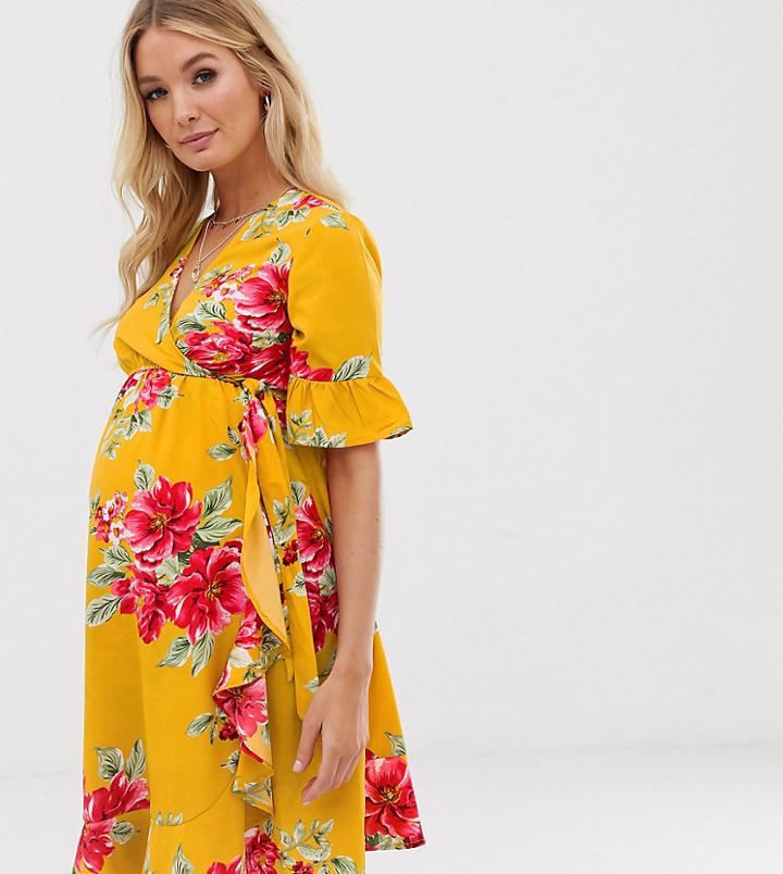 Influence Maternity Wrap Dress With Frill Detail In Floral Print - Yellow