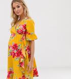 Influence Maternity Wrap Dress With Frill Detail In Floral Print - Yellow