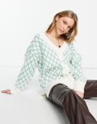 Topshop Knit Diamond Cardigan In Ivory And Green-multi