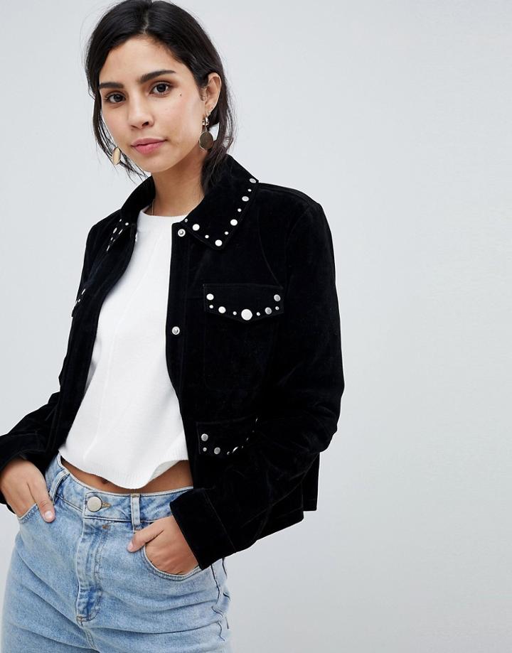Urbancode Studded Trucket Jacket In Faux Suede-black